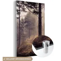 MuchoWow Glasschilderij 80x120 cm - Schilderij acrylglas - Mist - Herfst decoratie - Natuur - Bos - Foto op glas - Schilderijen