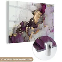 MuchoWow Glasschilderij 120x80 cm - Schilderij acrylglas - Marmer - Abstract - Goud - Paars - Foto op glas - Schilderijen