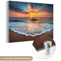 MuchoWow Glasschilderij 180x120 cm - Schilderij acrylglas - Strand - Zee - Zonsondergang - Foto op glas - Muurdecoratie woonkamer - Wanddecoratie slaapkamer - Schilderijen