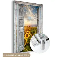 MuchoWow Glasschilderij 90x120 cm - Schilderij acrylglas - Doorkijk - Zonnebloem - Bloemen - Zon - Foto op glas - Muurdecoratie woonkamer - Wanddecoratie slaapkamer - Schilderijen