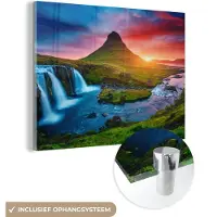 MuchoWow Glasschilderij - Foto op glas - Waterval - IJsland - Zonsondergang - Berg - Acrylglas - Glasschilderij natuur - Schilderij glas - 160x120 cm - Muurdecoratie - Wanddecoratie