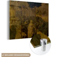 MuchoWow Glasschilderij 160x120 cm - Schilderij acrylglas - Aanbidding door de Wijzen - Leonardo da Vinci - Foto op glas - Schilderijen