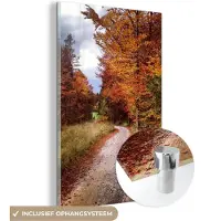 MuchoWow Glasschilderij 100x150 cm - Schilderij acrylglas - Herfst - Herfstbladeren - Pad - Bos - Foto op glas - Schilderijen