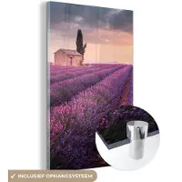 MuchoWow Glasschilderij - Foto op glas - Lavendel - Schuur - Bloemen - Zonsondergang - Acrylglas - 40x60 cm - Schilderij glas - Schilderij paars - Glasschilderij bloemen - Wanddecoratie