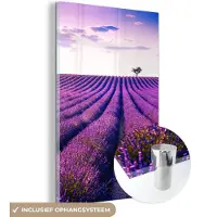 MuchoWow - Glasschilderij - Foto op glas - Acrylglas - Lavendel - Boom - Lucht - Paars - Bloemen - 100x150 cm - Glasschilderij bloemen - Schilderij paars - Muurdecoratie