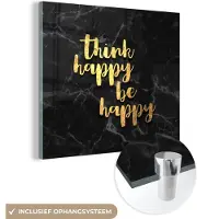 MuchoWow Glasschilderij 20x20 cm - Schilderij acrylglas - Quote - Happy - Goud - Marmer - Foto op glas - Schilderijen