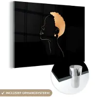 MuchoWow Glasschilderij 60x40 cm - Schilderij acrylglas - Vrouw - Line art - Black - Gold - Foto op glas - Schilderijen