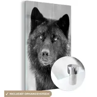 MuchoWow Glasschilderij 120x180 cm - Schilderij acrylglas - Wolf - Close up - Zwart - Wit - Foto op glas - Schilderijen