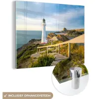 MuchoWow Glasschilderij 40x30 cm - Schilderij acrylglas - Zee - Vuurtoren - Wit - Foto op glas - Muurdecoratie woonkamer - Wanddecoratie slaapkamer - Schilderijen