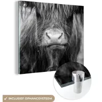 MuchoWow Glasschilderij 50x50 cm - Schilderij acrylglas - Schotse hooglander - Koe - Zwart - Wit - Dieren - Foto op glas - Muurdecoratie woonkamer - Wanddecoratie slaapkamer - Schilderijen