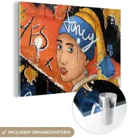 MuchoWow Glasschilderij 180x120 cm - Schilderij acrylglas - Meisje met de Parel - Street art - Kunst - Foto op glas - Schilderijen