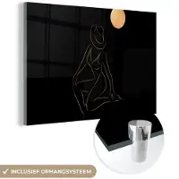 MuchoWow Glasschilderij 150x100 cm - Schilderij acrylglas - Vrouw - Hoed - Maan - Line art - Foto op glas - Schilderijen
