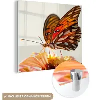MuchoWow - Glasschilderij - Foto op glas - Acrylverf - Vlinder - Insect - Bloemen - Natuur - 50x50 cm - Glasschilderij dieren - Glasschilderij vlinder - Wanddecoratie - Muurdecoratie