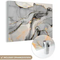 MuchoWow Glasschilderij 180x120 cm - Schilderij acrylglas - Marmer - Goud - Grijs - Foto op glas - Schilderijen
