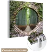 MuchoWow Glasschilderij 50x50 cm - Schilderij acrylglas - Bamboe - Bos - Japans - Doorkijk - Foto op glas - Muurdecoratie woonkamer - Wanddecoratie slaapkamer - Schilderijen