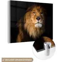 MuchoWow Glasschilderij 120x90 cm - Schilderij acrylglas - Leeuw - Licht - Zwart - Portret - Foto op glas - Schilderijen