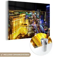 MuchoWow Glasschilderij 30x20 cm - Schilderij acrylglas - Skyline - Las Vegas - Nacht - Foto op glas - Schilderijen