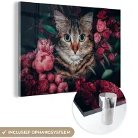 MuchoWow Glasschilderij 180x120 cm - Schilderij acrylglas - Kat - Bloemen - Dieren - Botanisch - Foto op glas - Schilderijen