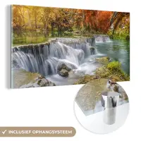 MuchoWow Glasschilderij 80x40 cm - Schilderij acrylglas - Herfst - Waterval - Natuur - Bomen - Foto op glas - Schilderijen