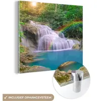 MuchoWow Glasschilderij 20x20 cm - Schilderij acrylglas - Regenboog - Zon - Waterval - Natuur - Foto op glas - Schilderijen
