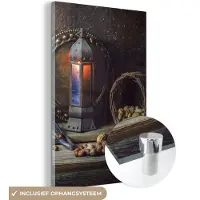 MuchoWow Glasschilderij 40x60 cm - Schilderij acrylglas - Boek - Stilleven - Walnoot - Lantaarn - Vintage - Foto op glas - Schilderijen