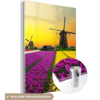 MuchoWow Glasschilderij 30x40 cm - Schilderij acrylglas - Windmolen - Tulpen - Bloemen - Lente - Foto op glas - Schilderijen