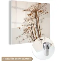 MuchoWow Glasschilderij 20x20 cm - Schilderij acrylglas - Droogbloemen - Stilleven - Wit - Planten - Bloemen - Foto op glas - Muurdecoratie woonkamer - Wanddecoratie slaapkamer - Schilderijen