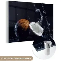 MuchoWow Glasschilderij 60x40 cm - Schilderij acrylglas - Kokosnoot - Stilleven - Water - Zwart - Fruit - Foto op glas - Schilderijen