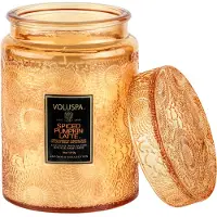 Voluspa Spiced Pumpkin Latte Kaars | 18 Oz | Grote glazen pot met glazen deksel | Alle natuurlijke lonten en kokoswas voor een schone verbranding