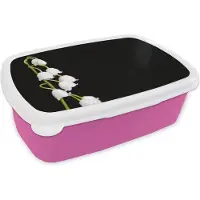 MuchoWow Broodtrommel Roze - Lunchbox - Brooddoos - Lelietjes van dalen - Bloemen - Zwart - Flora - 18x12x6 cm - Kinderen - Meisje
