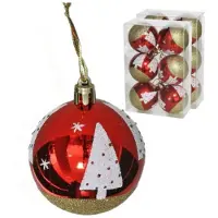 Gerimport Kerstballen gedecoreerd - 12x - 6 cm - kunststof -rood met kerstboom - Kerstbal