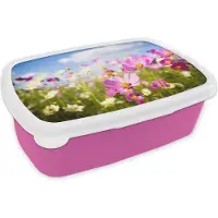 MuchoWow Broodtrommel Roze - Lunchbox - Brooddoos - Bloemen - Wei - Paars - Gras - Wit - Wolken - Blauw - 18x12x6 cm - Kinderen - Meisje