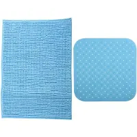 MSV Douche anti-slip mat en droogloop mat - Sevilla badkamer set - rubber/microvezel - lichtblauw - Badmatjes