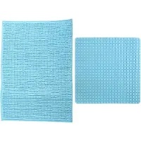 MSV Douche anti-slip mat en droogloop mat - Sevilla badkamer set - rubber/microvezel - lichtblauw - Badmatjes