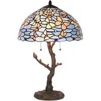 Clayre & Eef Tiffany tafellamp, diameter 40 cm, hoogte 60 cm, blauw glas, motieven van vlinders