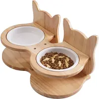 Trend24 - Kattenvoerbakjes - Verhoogde voerbak kat - Kattenvoerbakjes ergonomisch - Kattenvoerbak - Dubbele voerbak kat - 36 x 17.7 cm - Hout - Porcelein