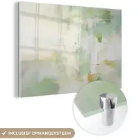 MuchoWow Glasschilderij 60x40 cm - Schilderij acrylglas - Abstract - Kunst - Wit - Groen - Modern - Foto op glas - Muurdecoratie woonkamer - Wanddecoratie slaapkamer - Schilderijen