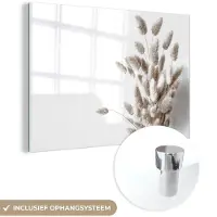 MuchoWow Glasschilderij 150x100 cm - Schilderij acrylglas - Planten - Pluimen - Wit - Foto op glas - Muurdecoratie woonkamer - Wanddecoratie slaapkamer - Schilderijen