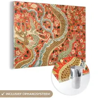 MuchoWow Glasschilderij 60x40 cm - Schilderij acrylglas - Vintage - Draak - Bloemen - Oranje - Foto op glas - Schilderijen