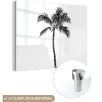MuchoWow Glasschilderij 160x120 cm - Schilderij acrylglas - Palmboom - Tropisch - Zwart wit - Foto op glas - Schilderijen