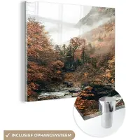 MuchoWow Glasschilderij 50x50 cm - Schilderij acrylglas - Natuur - Bos - Mist - Herfst - Foto op glas - Schilderijen