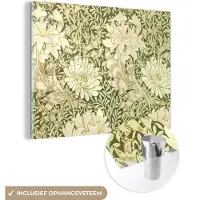 MuchoWow Glasschilderij 160x120 cm - Schilderij acrylglas - Rozen - Bloemen - Groen - William Morris - Foto op glas - Schilderijen