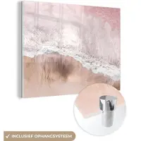 MuchoWow Glasschilderij 80x60 cm - Schilderij acrylglas - Zee - Strand - Roze - Natuur - Foto op glas - Muurdecoratie woonkamer - Wanddecoratie slaapkamer - Schilderijen