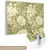 MuchoWow Glasschilderij 30x20 cm - Schilderij acrylglas - Rozen - Bloemen - Groen - William Morris - Foto op glas - Schilderijen