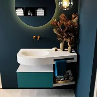 Mondiaz riva 100 cm badmeubel onderkast /planchet kleur smag met 1 lade. Wastafel dulcet links 0 kraangaten kleur talc.