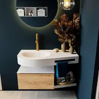 Mondiaz riva 100 cm badmeubel onderkast /planchet kleur washed_oak met 1 lade. Wastafel dulcet links 1 kraangat kleur talc.