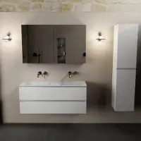 Mondiaz aivy 120 cm badmeubel talc, wastafel talc solid surface dubbel zonder kraangat met spiegelkast
