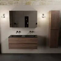 Mondiaz AIVY 120cm badmeubel Mocha, wastafel Urban solid surface dubbel zonder kraangat met spiegelkast (AI-351651URBAN-NO - AI-M120MODU - AI-C120MOMI)