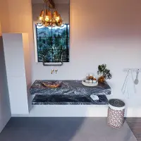 Mondiaz ALAN-DLUX 150cm planchet Lava. Vrijhangende wastafel CLOUD links zonder kraangat, kleur Lava.
