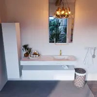 Mondiaz Alan DLux badmeubel 150cm talc 1 lade met wastafel opalo rechts 1 kraangat